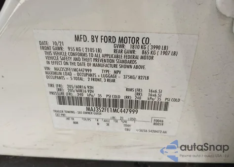 2021 Ford Ecosport S z USA, uszkodzony, nr VIN MAJ3S2FE1MC447999